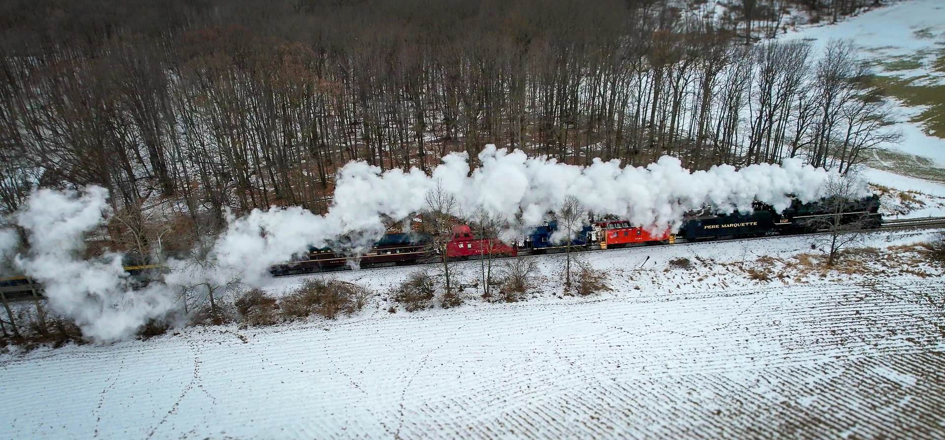 The Pere Marquette 1225 “Polar Express” steaming from Owosso, Michigan.